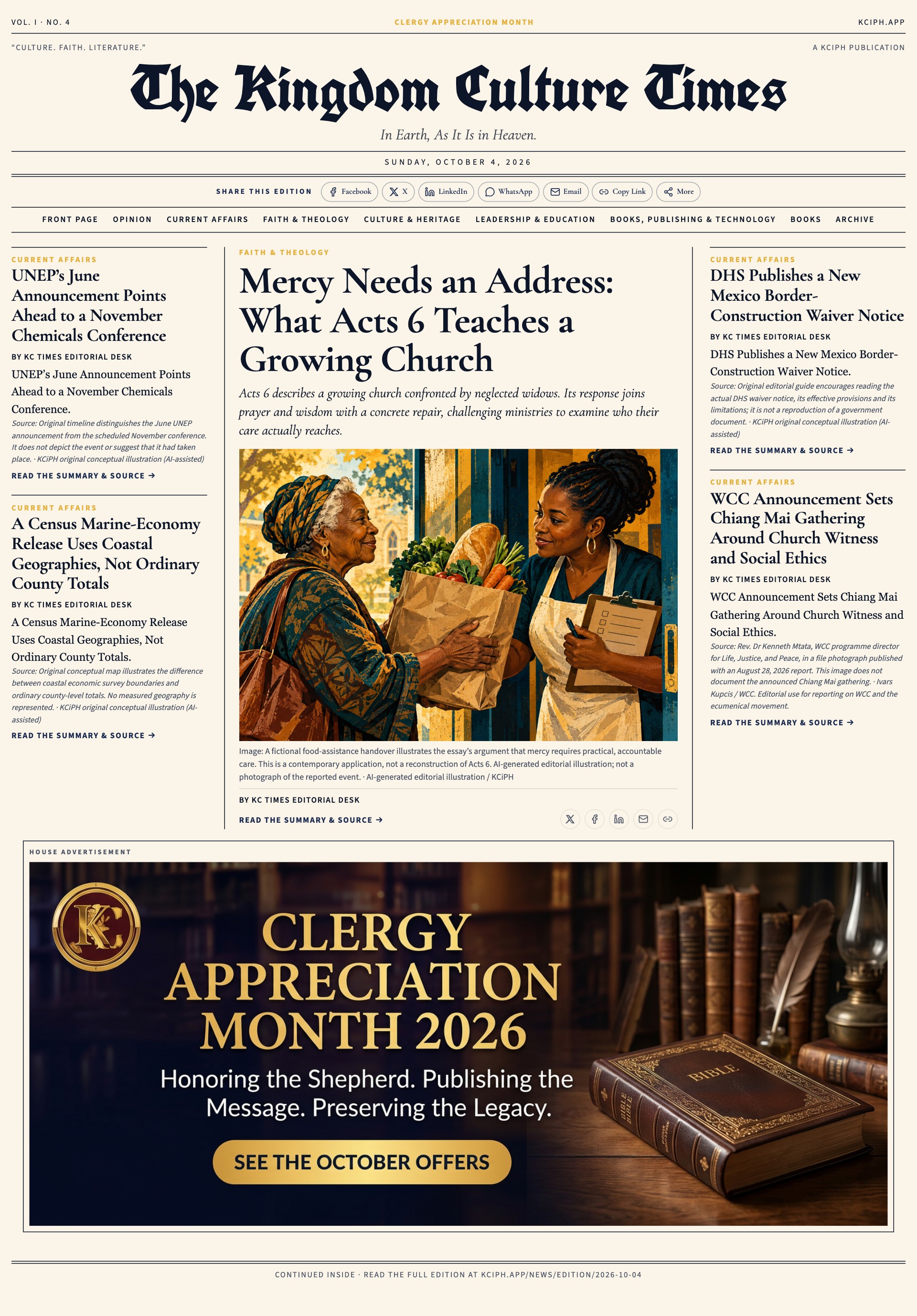 Front page of The Kingdom Culture Times, Sunday, October 4, 2026